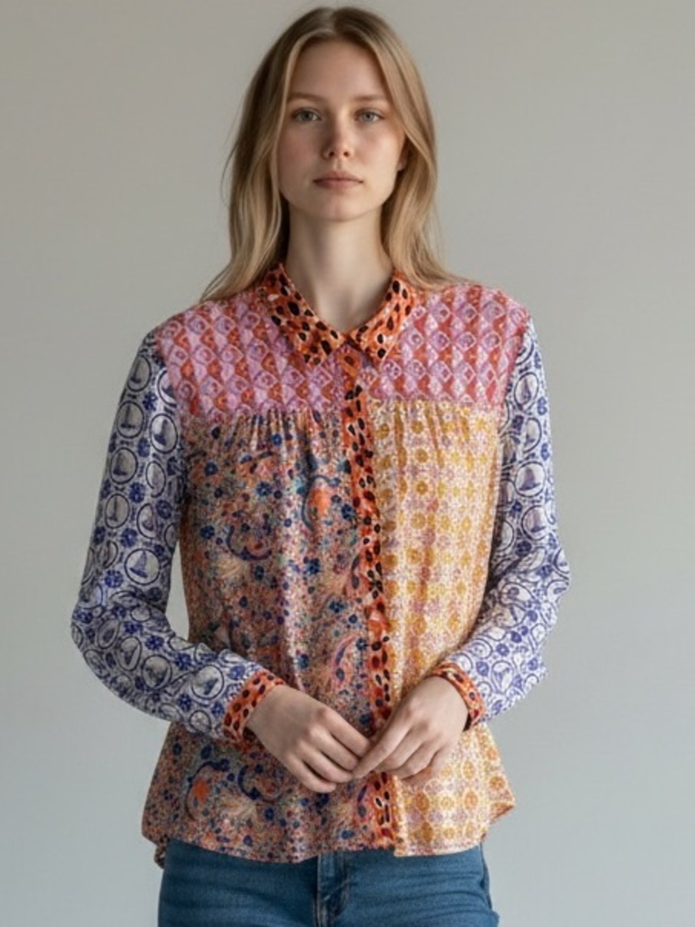Anthropologie Maeve The Paz Mixed Print Button-Down Shirt Large Petite